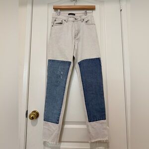 Brandy Melville Two-Tone Patchwork Straight Leg Jeans – White/Blue Denim, Size S